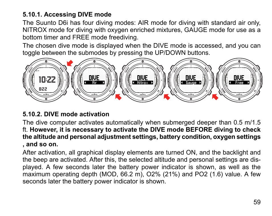 Accessing dive mode, Dive mode activation, 59 5.10.2. dive mode activation | SUUNTO D6I User Manual | Page 58 / 130