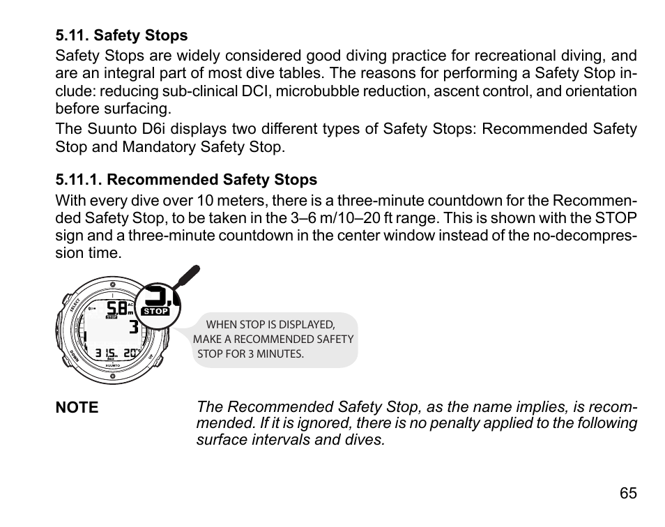 Safety stops, Recommended safety stops | SUUNTO D6I User Manual | Page 64 / 130