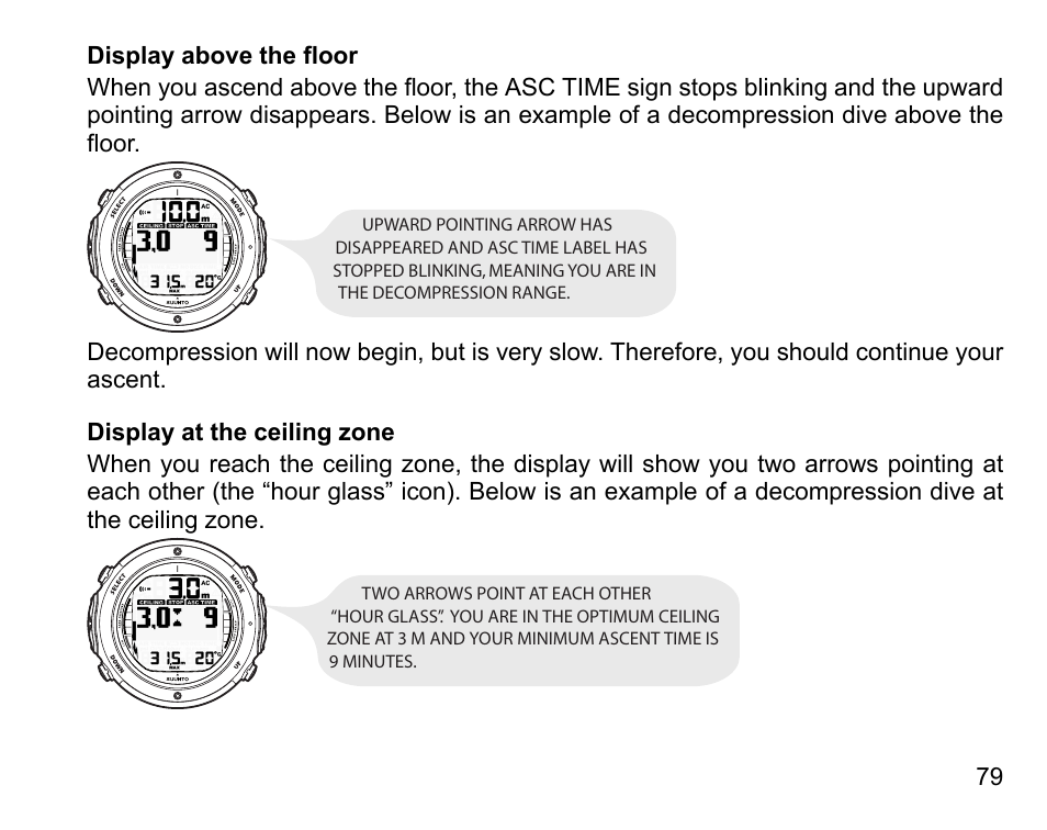 Display above the floor, Display at the ceiling zone | SUUNTO D6I User Manual | Page 78 / 130