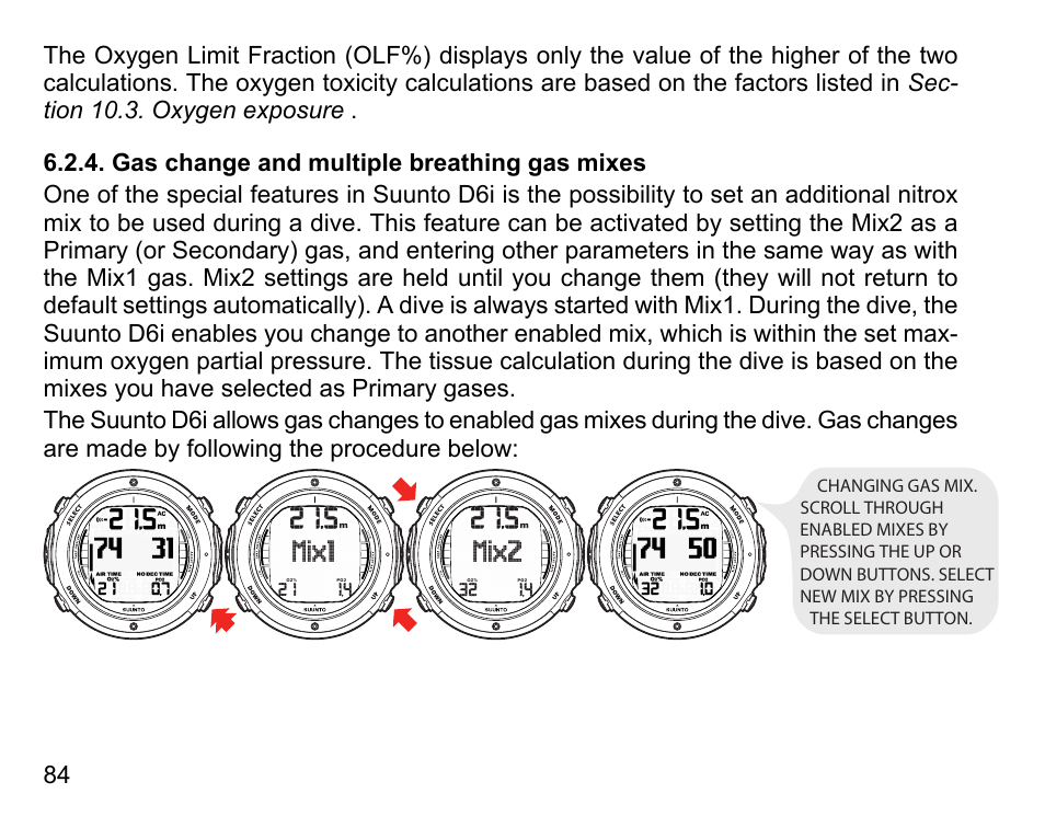 Gas change and multiple breathing gas mixes | SUUNTO D6I User Manual | Page 83 / 130