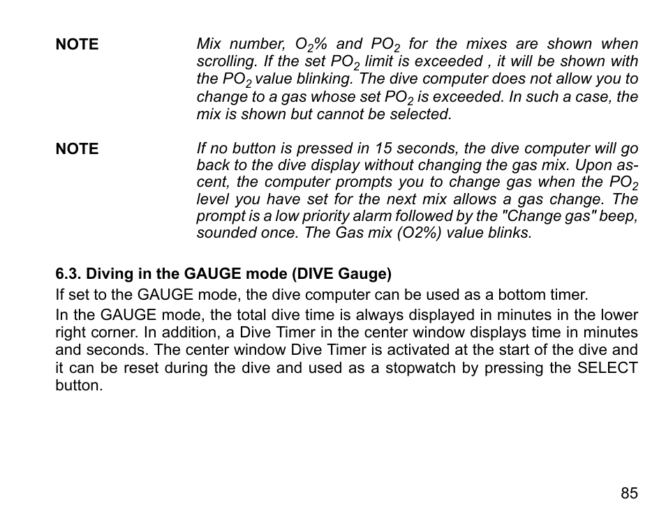 Diving in the gauge mode (dive gauge) | SUUNTO D6I User Manual | Page 84 / 130