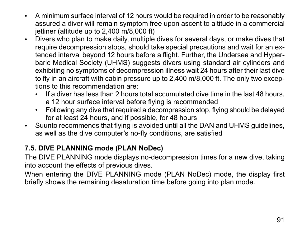 Dive planning mode (plan nodec) | SUUNTO D6I User Manual | Page 90 / 130