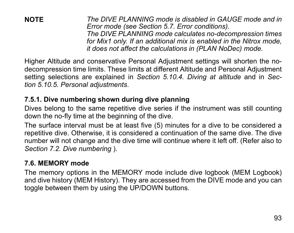 Dive numbering shown during dive planning, Memory mode | SUUNTO D6I User Manual | Page 92 / 130