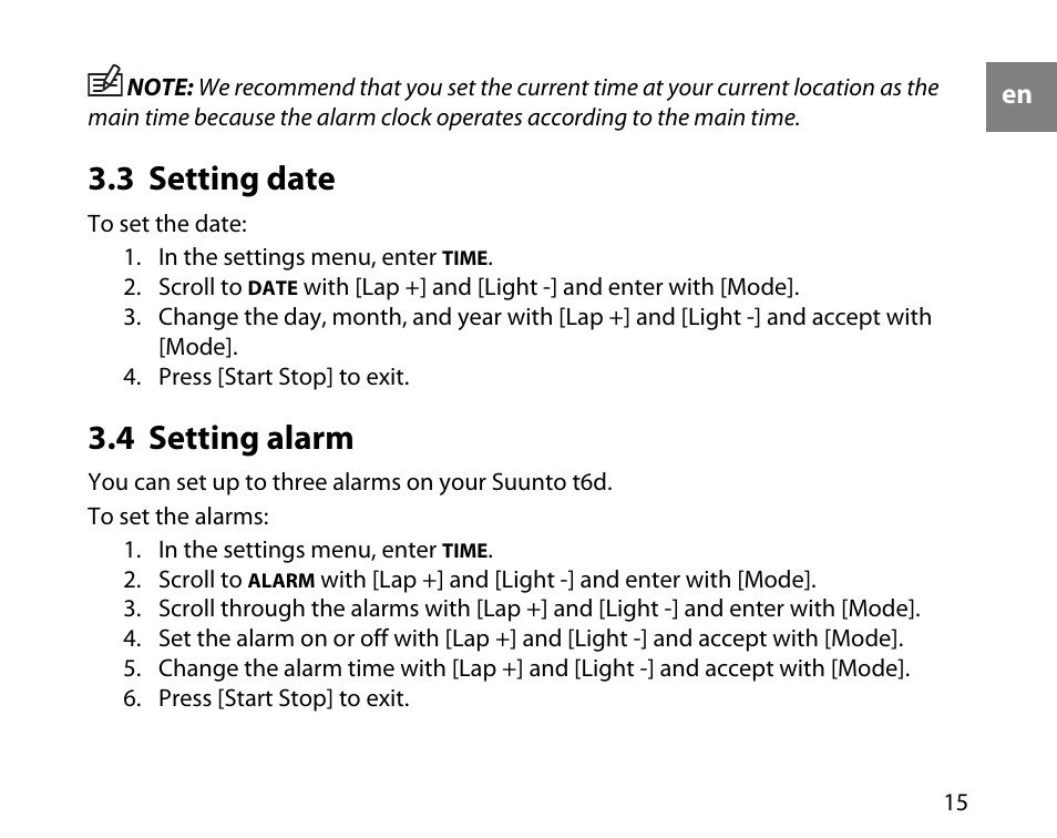 3 setting date, 4 setting alarm, 15 3.4 setting alarm | SUUNTO T6D User Manual | Page 16 / 59