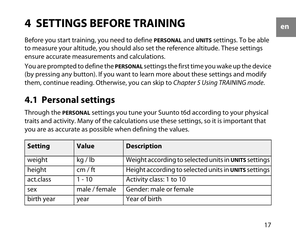 4 settings before training, 1 personal settings | SUUNTO T6D User Manual | Page 18 / 59