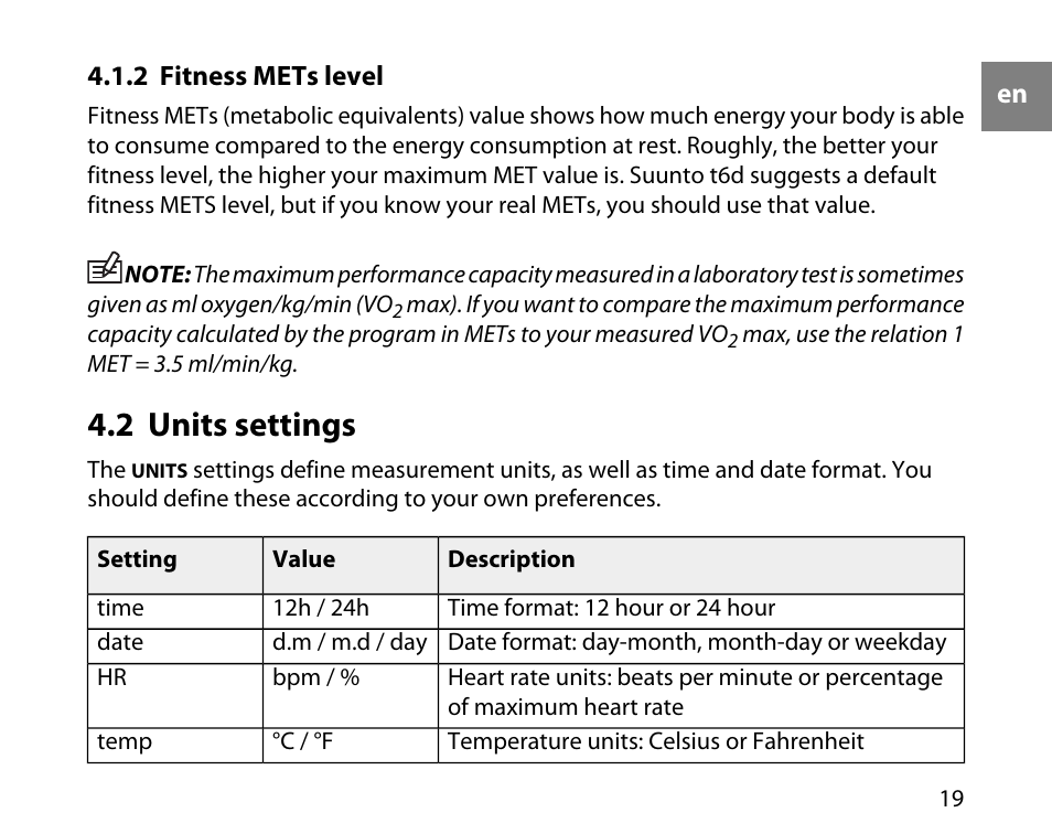 2 fitness mets level, 2 units settings | SUUNTO T6D User Manual | Page 20 / 59