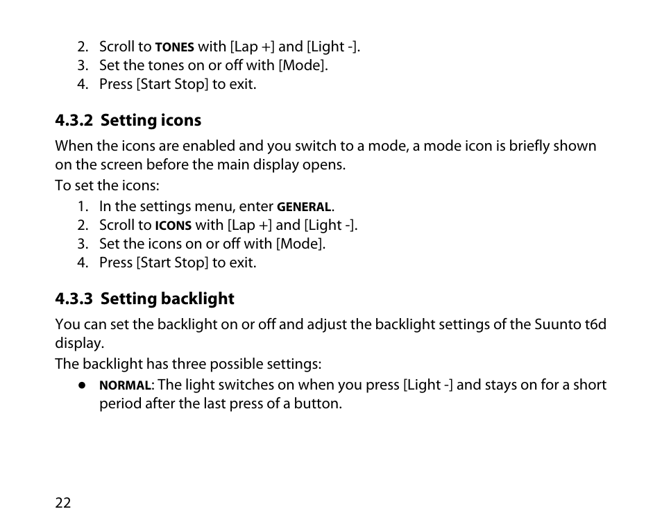 2 setting icons, 3 setting backlight, 22 4.3.3 setting backlight | SUUNTO T6D User Manual | Page 23 / 59