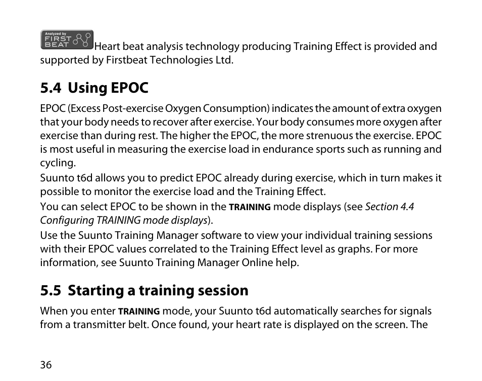 4 using epoc, 5 starting a training session, 36 5.5 starting a training session | SUUNTO T6D User Manual | Page 37 / 59