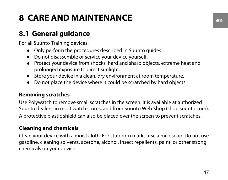 8 care and maintenance, 1 general guidance | SUUNTO T6D User Manual | Page 48 / 59