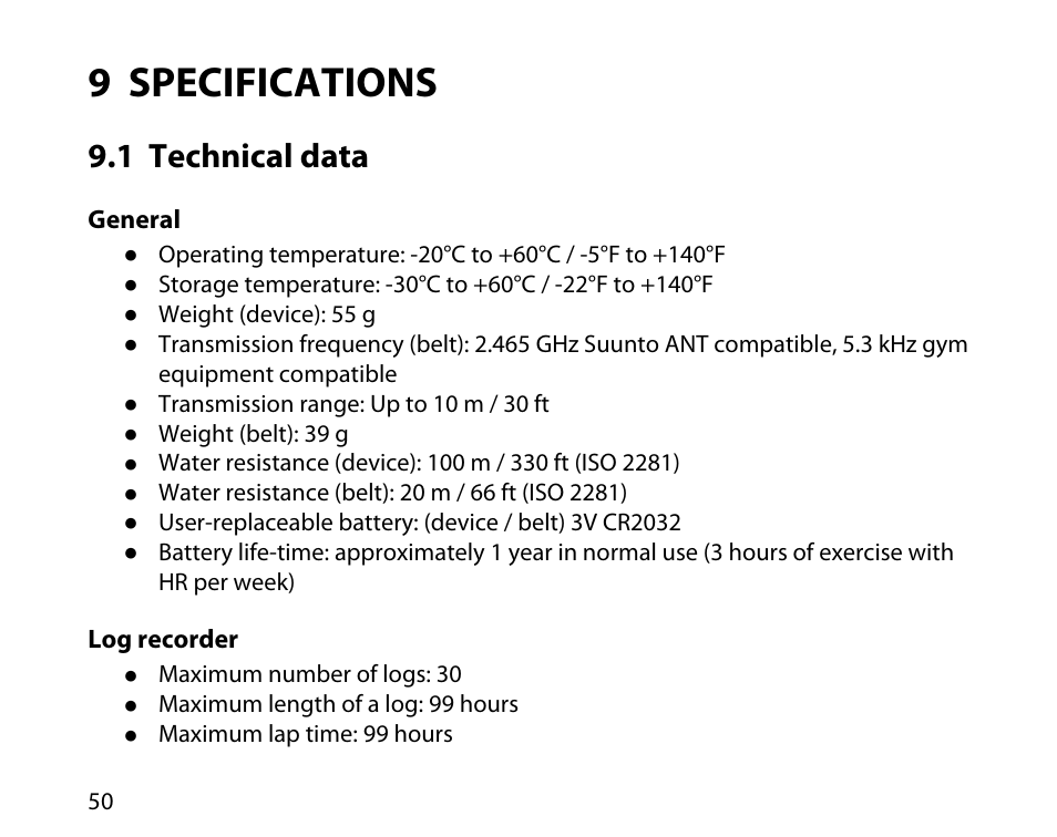 9 specifications, 1 technical data | SUUNTO T6D User Manual | Page 51 / 59