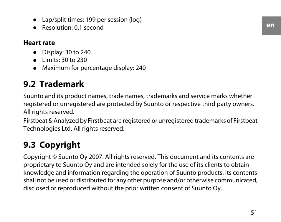 2 trademark, 3 copyright, 51 9.3 copyright | SUUNTO T6D User Manual | Page 52 / 59