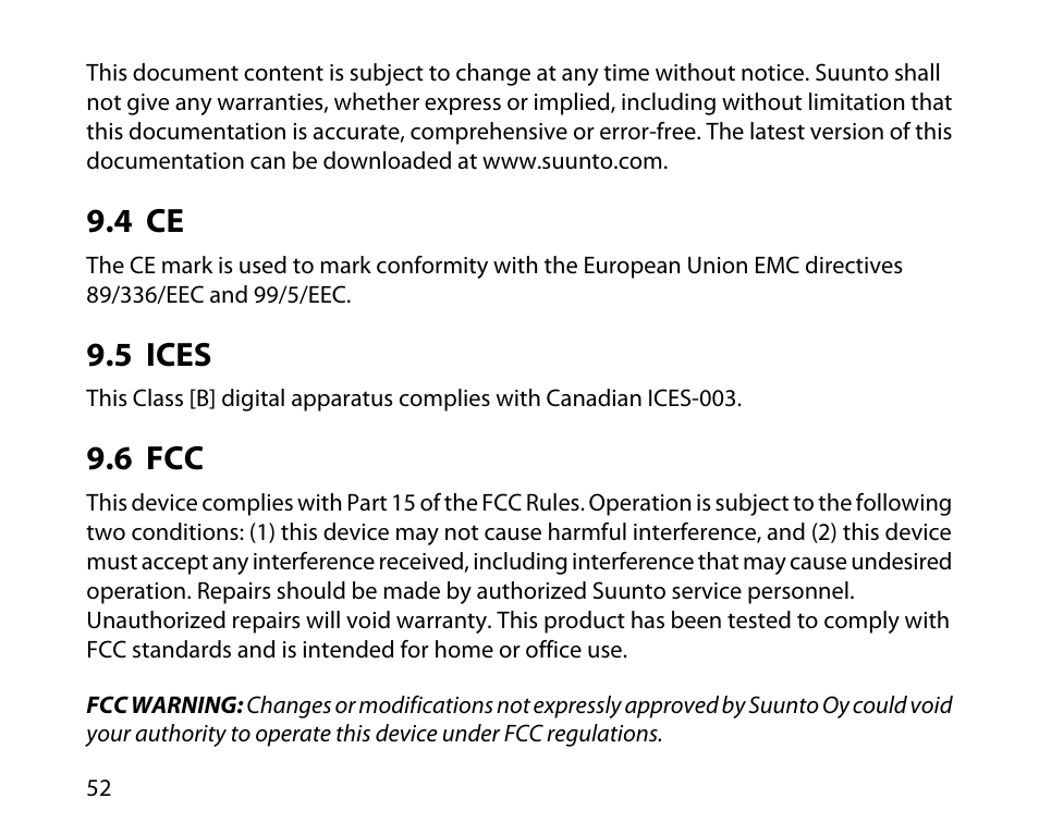 4 ce, 5 ices, 6 fcc | 52 9.5 ices, 52 9.6 fcc | SUUNTO T6D User Manual | Page 53 / 59