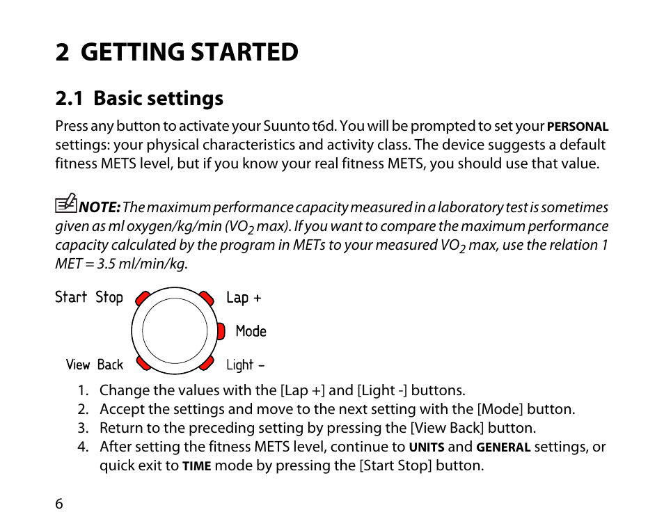 2 getting started, 1 basic settings | SUUNTO T6D User Manual | Page 7 / 59