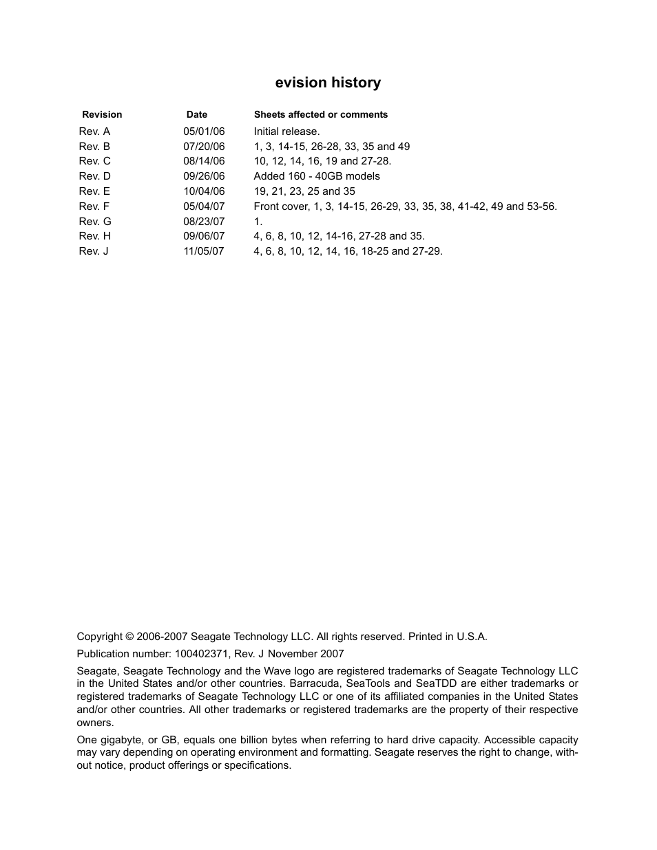 Evision history | Seagate BARRACUDA ST3500830AS User Manual | Page 2 / 68