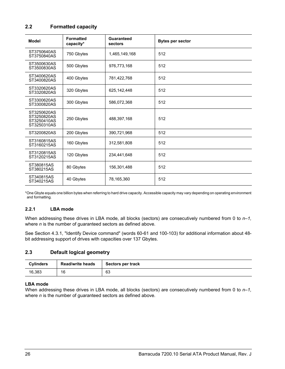 2 formatted capacity, 1 lba mode, 3 default logical geometry | Seagate BARRACUDA ST3500830AS User Manual | Page 32 / 68
