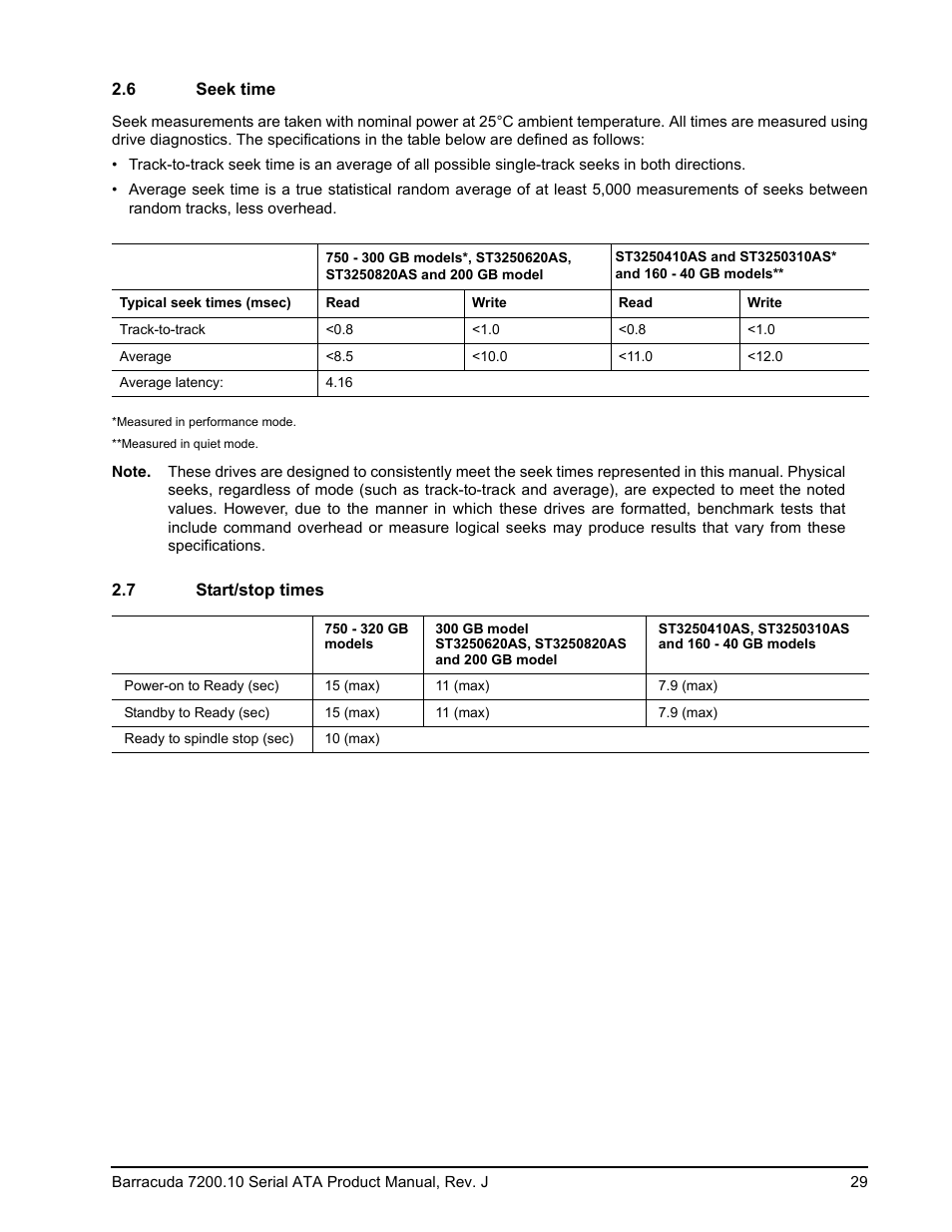 6 seek time, 7 start/stop times | Seagate BARRACUDA ST3500830AS User Manual | Page 35 / 68