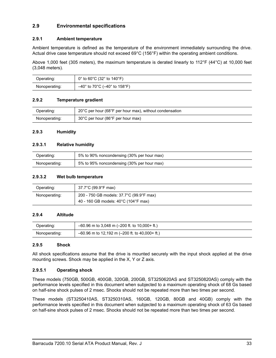 9 environmental specifications, 1 ambient temperature, 2 temperature gradient | 3 humidity, 1 relative humidity, 2 wet bulb temperature, 4 altitude, 5 shock, 1 operating shock | Seagate BARRACUDA ST3500830AS User Manual | Page 39 / 68