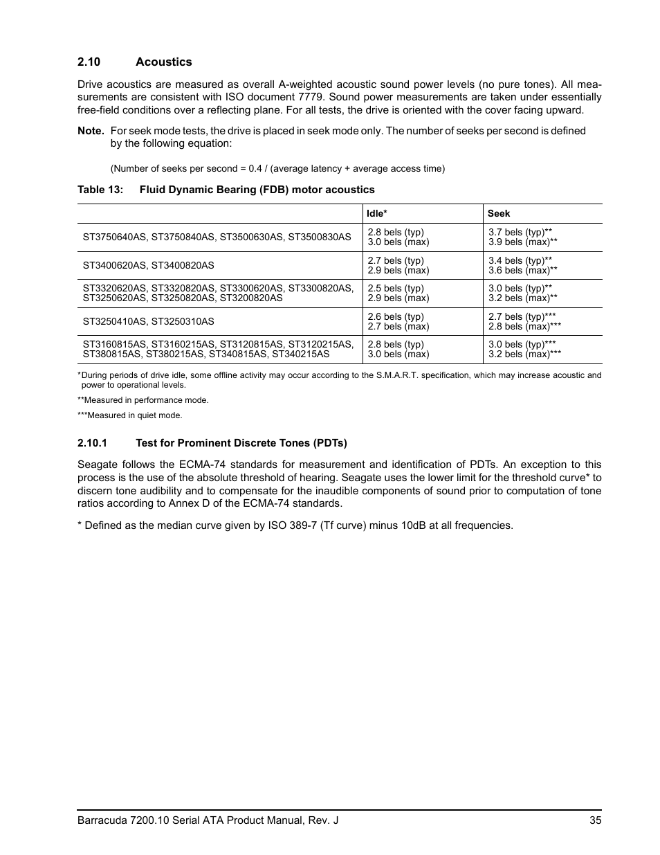 10 acoustics, 1 test for prominent discrete tones (pdts) | Seagate BARRACUDA ST3500830AS User Manual | Page 41 / 68