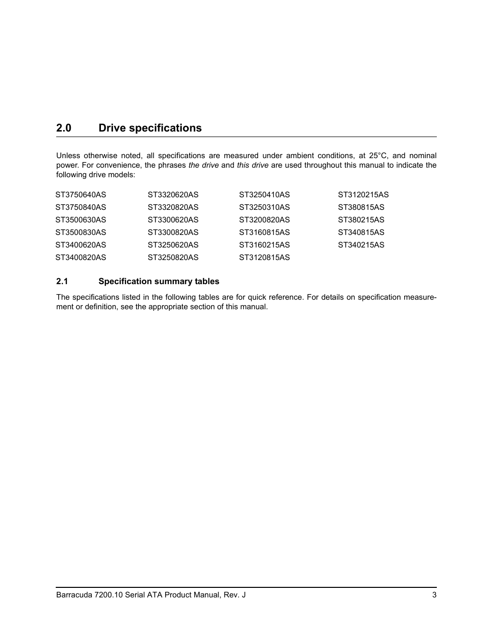 0 drive specifications, 1 specification summary tables | Seagate BARRACUDA ST3500830AS User Manual | Page 9 / 68