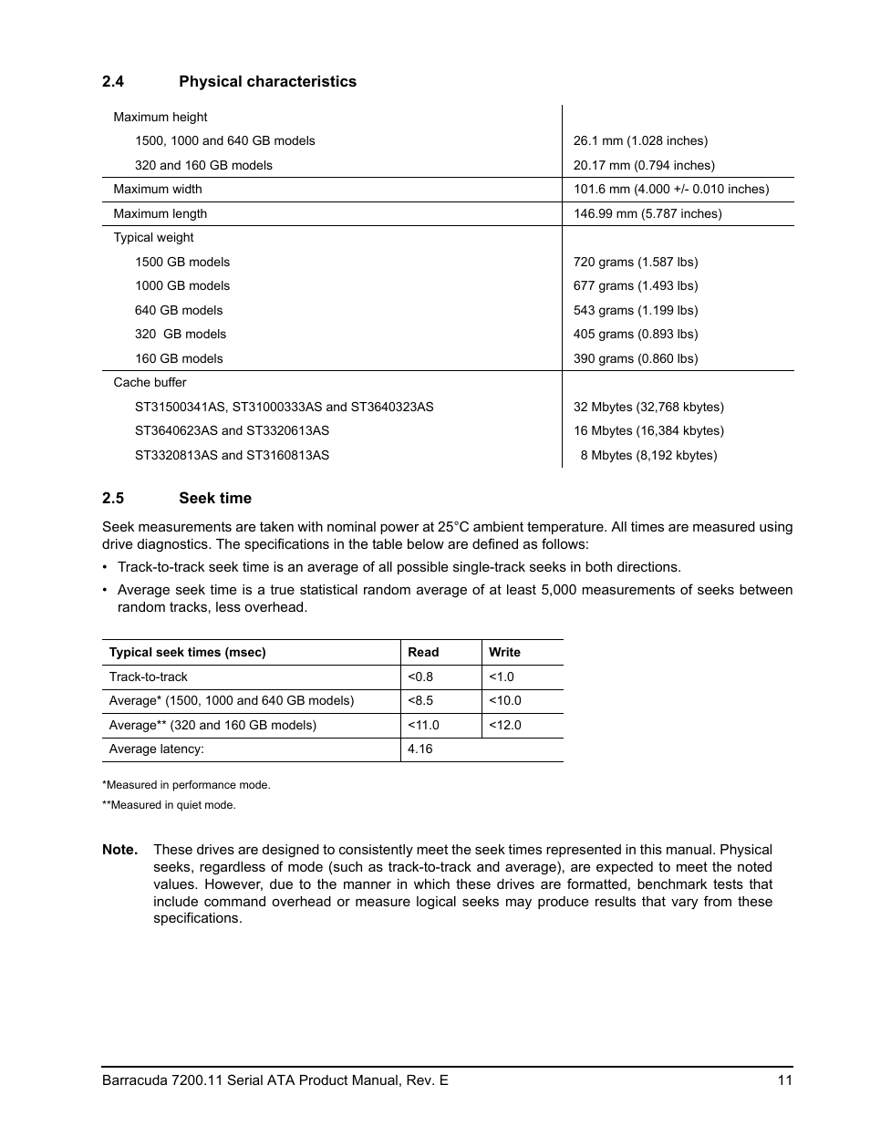 4 physical characteristics, 5 seek time | Seagate BARRACUDA ST3160813AS User Manual | Page 17 / 50