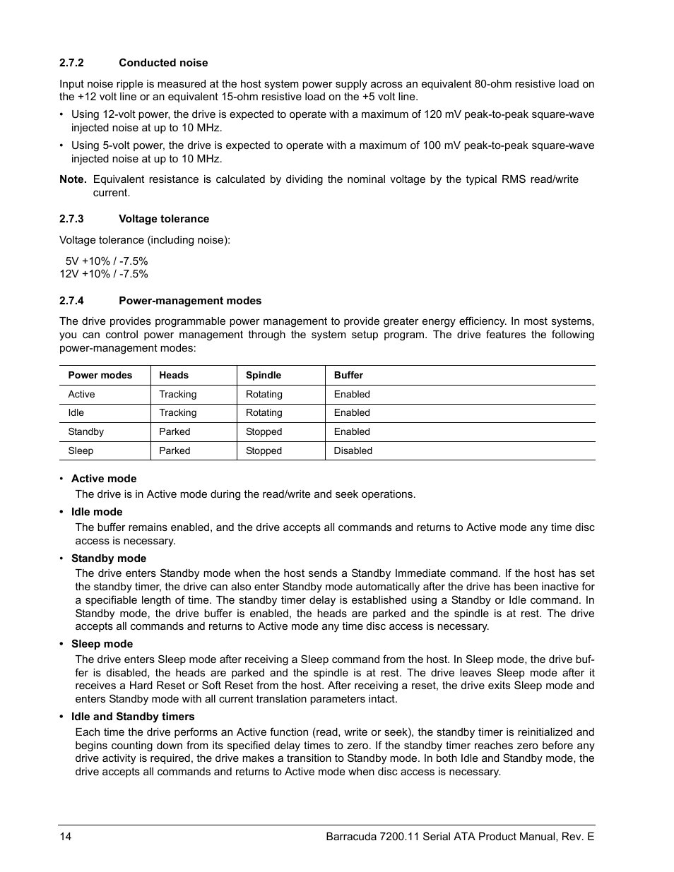2 conducted noise, 3 voltage tolerance, 4 power-management modes | Seagate BARRACUDA ST3160813AS User Manual | Page 20 / 50