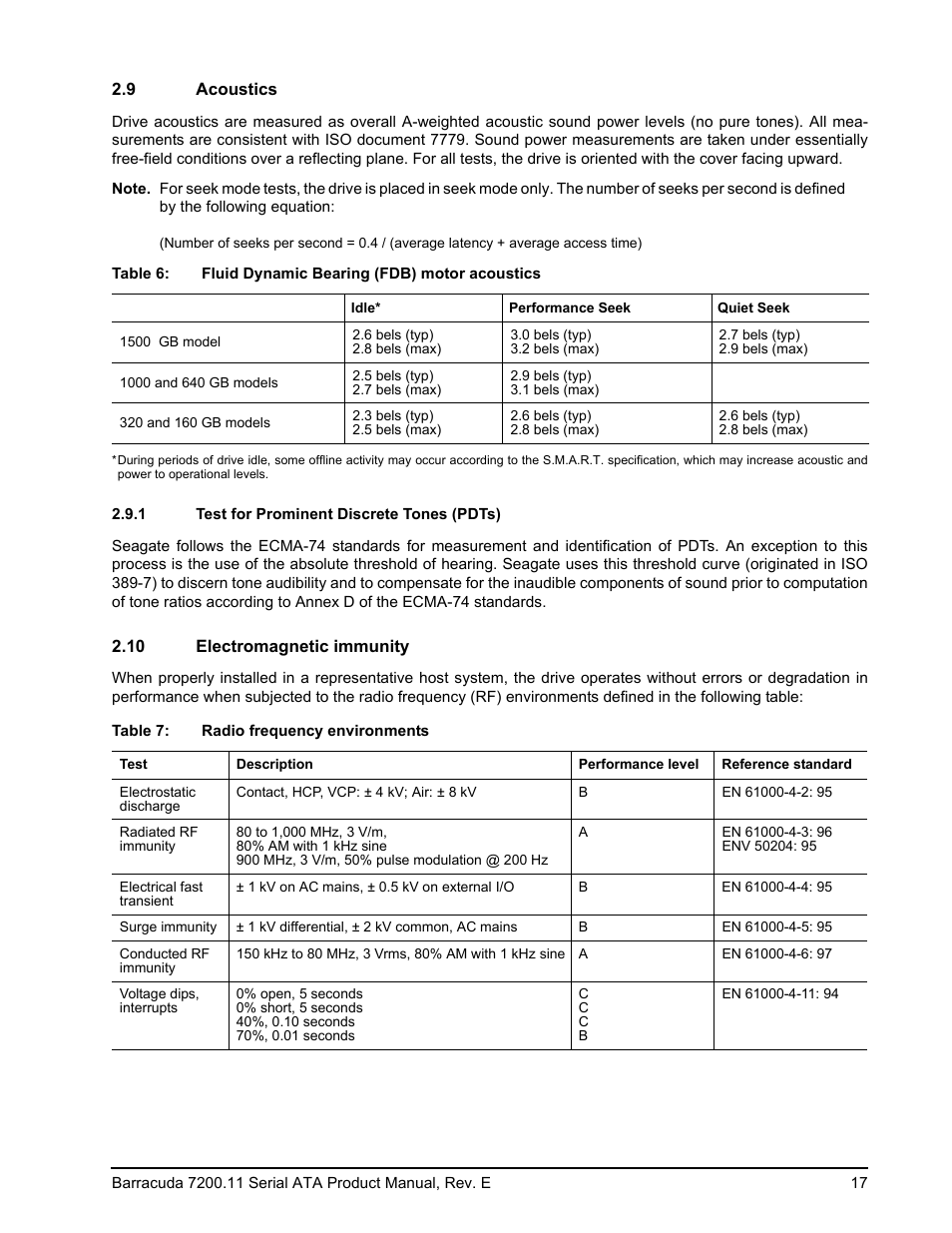 9 acoustics, 1 test for prominent discrete tones (pdts), 10 electromagnetic immunity | Seagate BARRACUDA ST3160813AS User Manual | Page 23 / 50