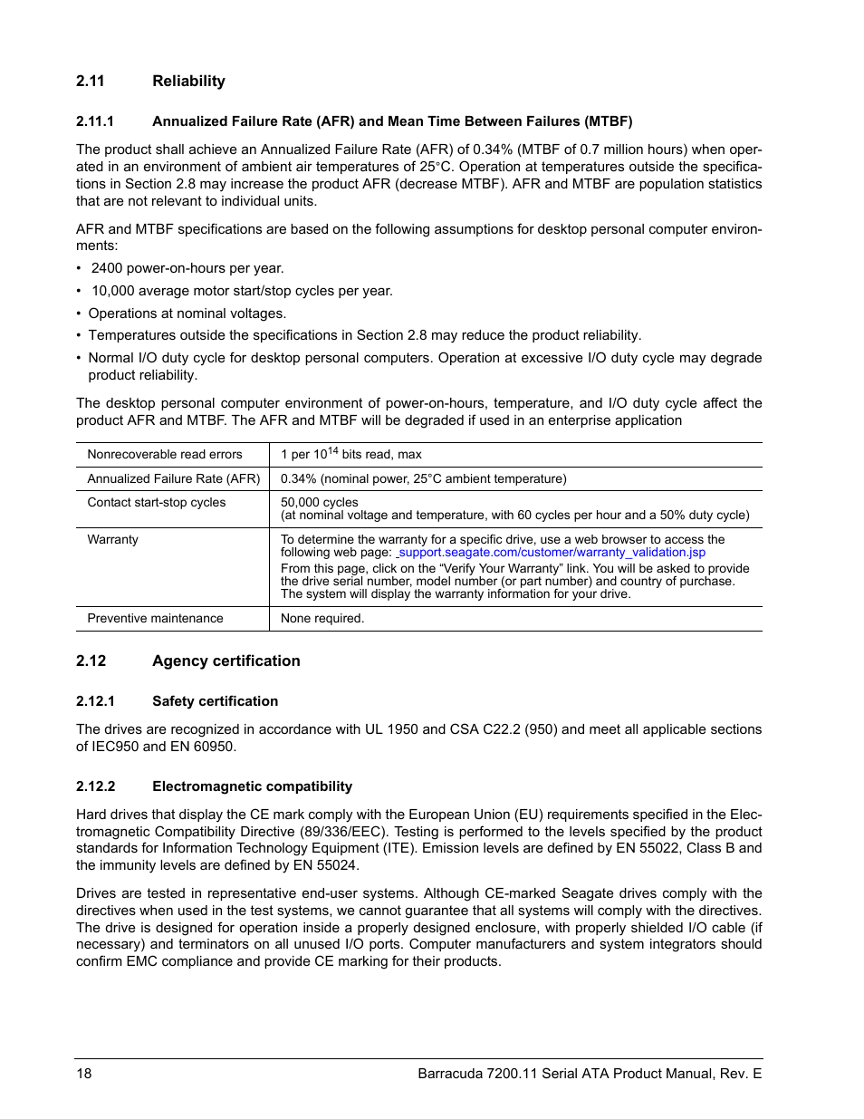 11 reliability, 12 agency certification, 1 safety certification | 2 electromagnetic compatibility | Seagate BARRACUDA ST3160813AS User Manual | Page 24 / 50