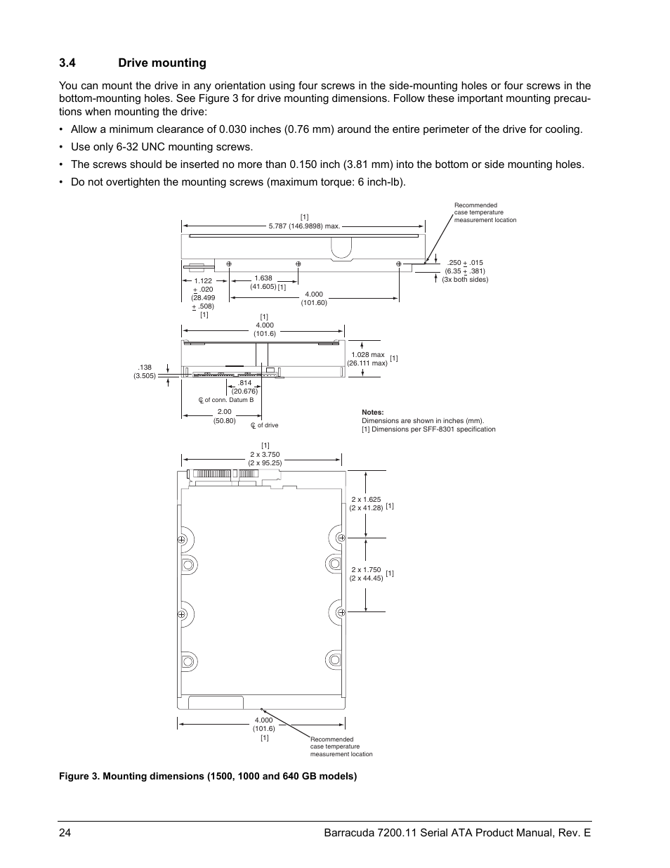 4 drive mounting, Figure 3, Mounting dimensions (1500, 1000 and 640 gb models) | Seagate BARRACUDA ST3160813AS User Manual | Page 30 / 50