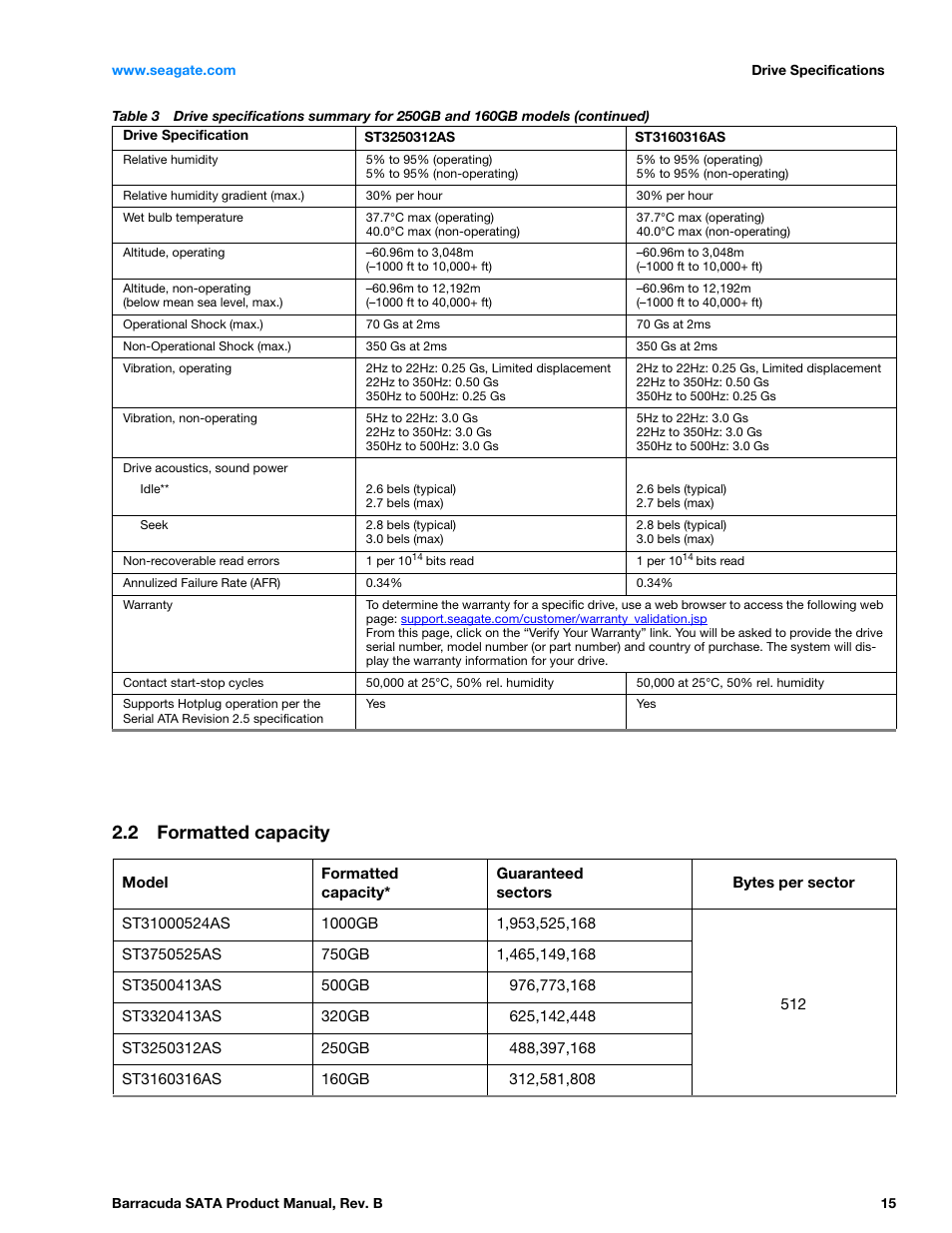 2 formatted capacity, Formatted capacity | Seagate BARRACUDA ST3320413AS User Manual | Page 15 / 48