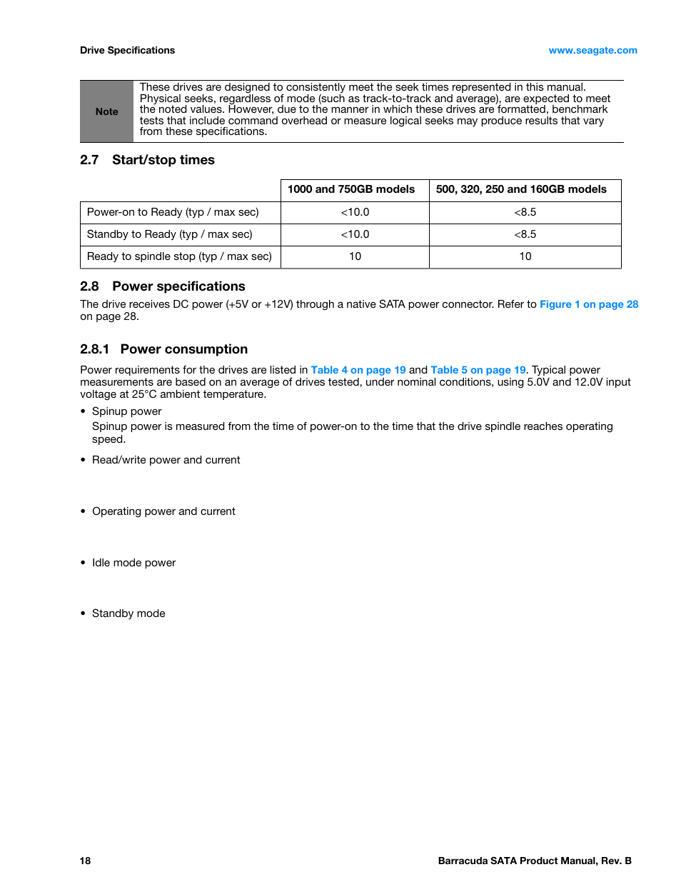7 start/stop times, 8 power specifications, 1 power consumption | Start/stop times, Power specifications 2.8.1, Power consumption | Seagate BARRACUDA ST3320413AS User Manual | Page 18 / 48