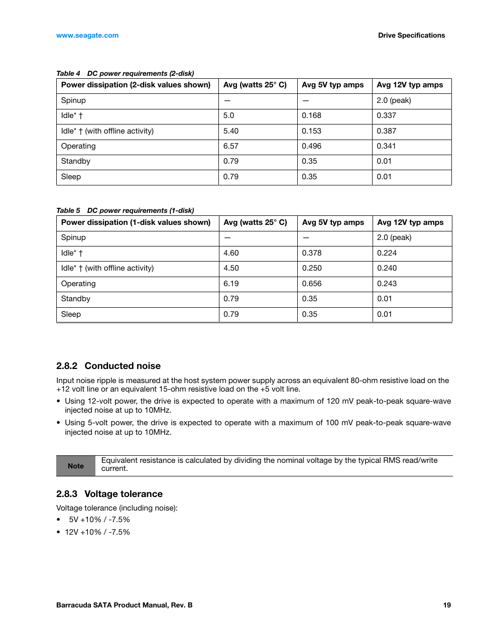 2 conducted noise, 3 voltage tolerance, Conducted noise | Voltage tolerance | Seagate BARRACUDA ST3320413AS User Manual | Page 19 / 48
