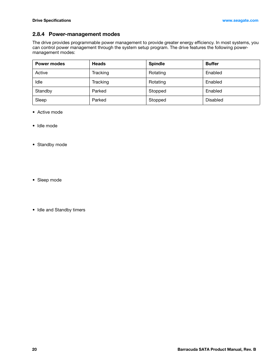 4 power-management modes, Power-management modes | Seagate BARRACUDA ST3320413AS User Manual | Page 20 / 48