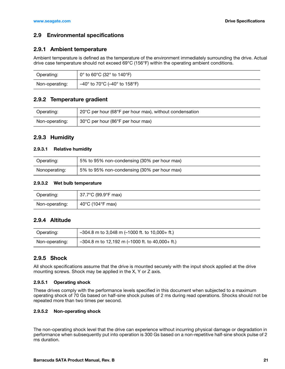 9 environmental specifications, 1 ambient temperature, 2 temperature gradient | 3 humidity, 4 altitude, 5 shock, Environmental specifications 2.9.1, Ambient temperature, Temperature gradient, Humidity | Seagate BARRACUDA ST3320413AS User Manual | Page 21 / 48