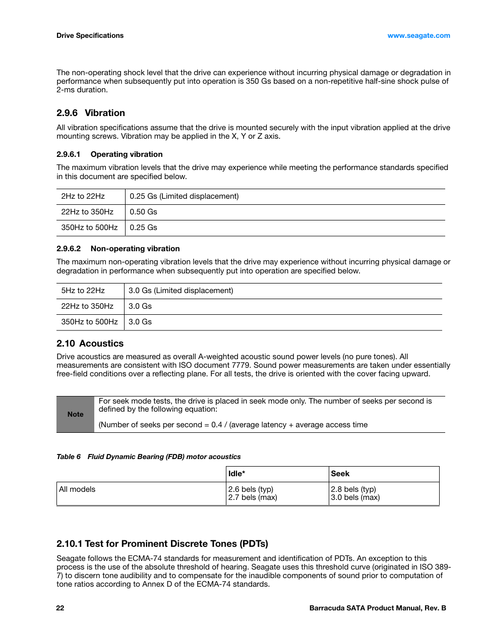6 vibration, 10 acoustics, 1 test for prominent discrete tones (pdts) | Vibration, Acoustics 2.10.1, Test for prominent discrete tones (pdts) | Seagate BARRACUDA ST3320413AS User Manual | Page 22 / 48