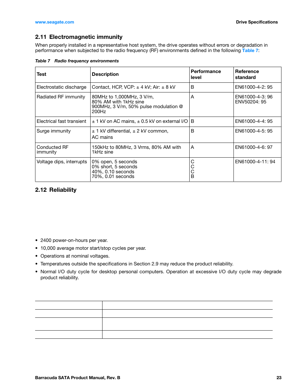 11 electromagnetic immunity, 12 reliability, Electromagnetic immunity | Reliability | Seagate BARRACUDA ST3320413AS User Manual | Page 23 / 48