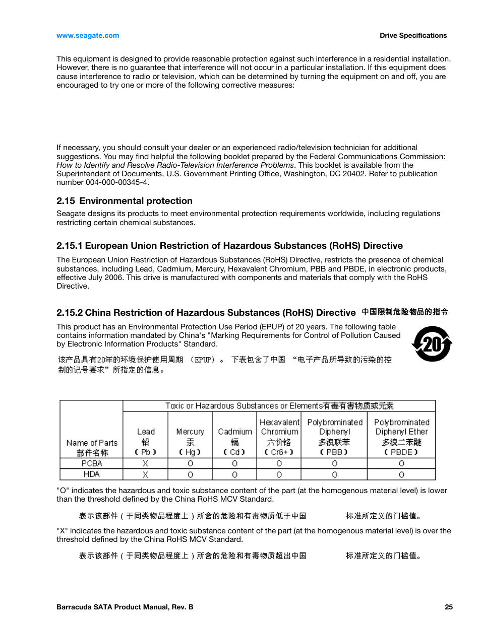 15 environmental protection, Environmental protection 2.15.1 | Seagate BARRACUDA ST3320413AS User Manual | Page 25 / 48