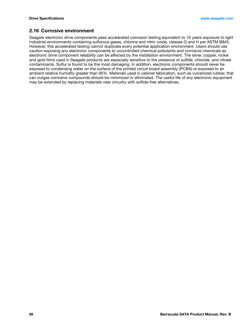 16 corrosive environment, Corrosive environment | Seagate BARRACUDA ST3320413AS User Manual | Page 26 / 48