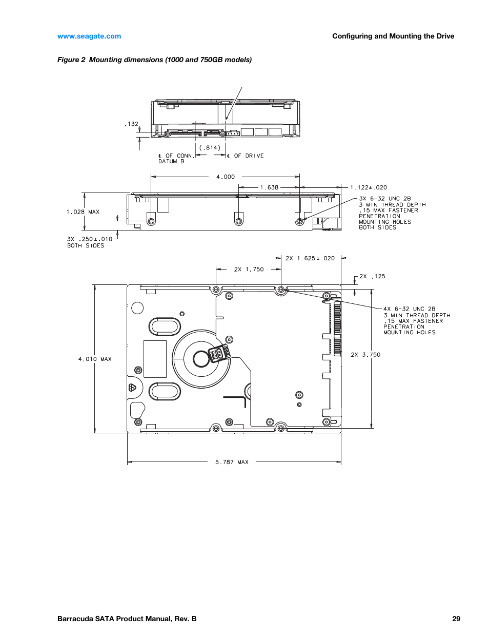Figure 2, Mounting dimensions (1000 and 750gb models) | Seagate BARRACUDA ST3320413AS User Manual | Page 29 / 48