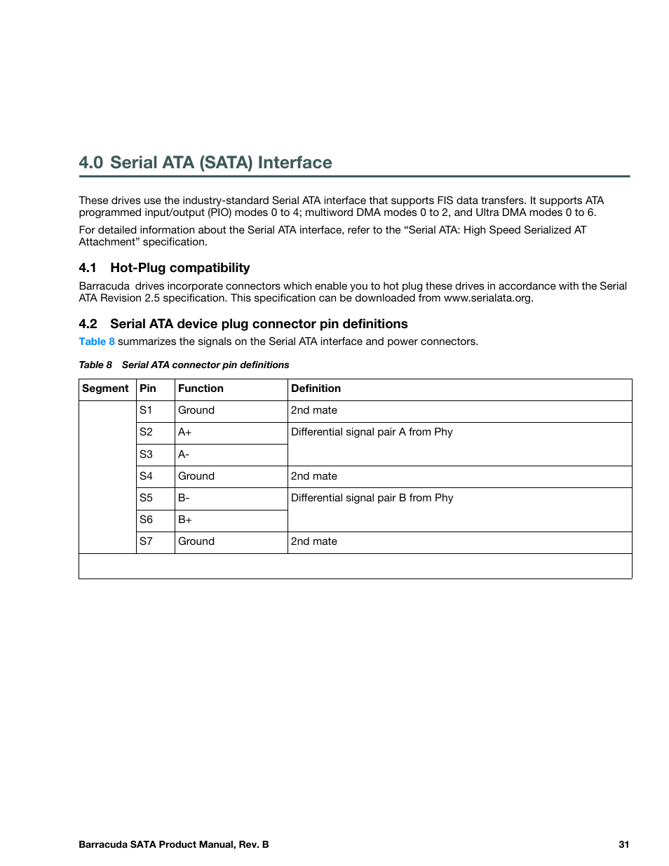 0 serial ata (sata) interface, 1 hot-plug compatibility, 2 serial ata device plug connector pin definitions | Serial ata (sata) interface, Hot-plug compatibility, Serial ata device plug connector pin definitions | Seagate BARRACUDA ST3320413AS User Manual | Page 31 / 48