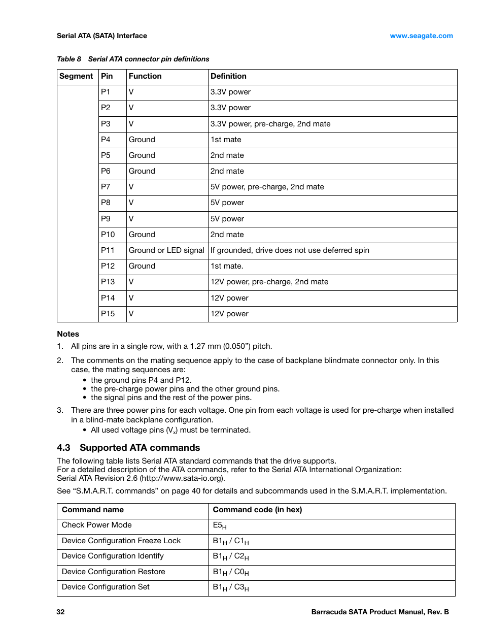 3 supported ata commands, Supported ata commands | Seagate BARRACUDA ST3320413AS User Manual | Page 32 / 48