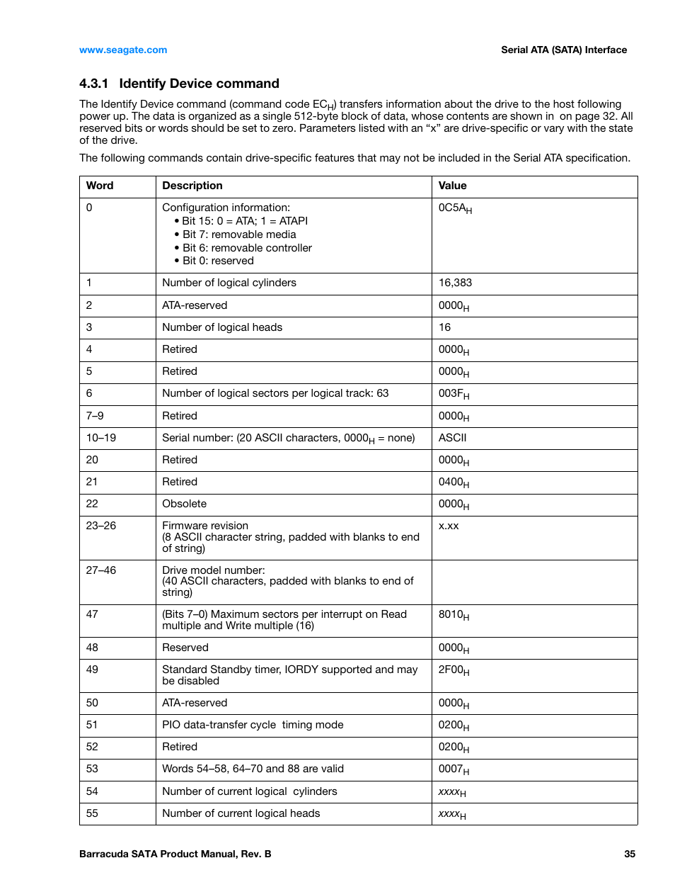 1 identify device command, Identify device command | Seagate BARRACUDA ST3320413AS User Manual | Page 35 / 48