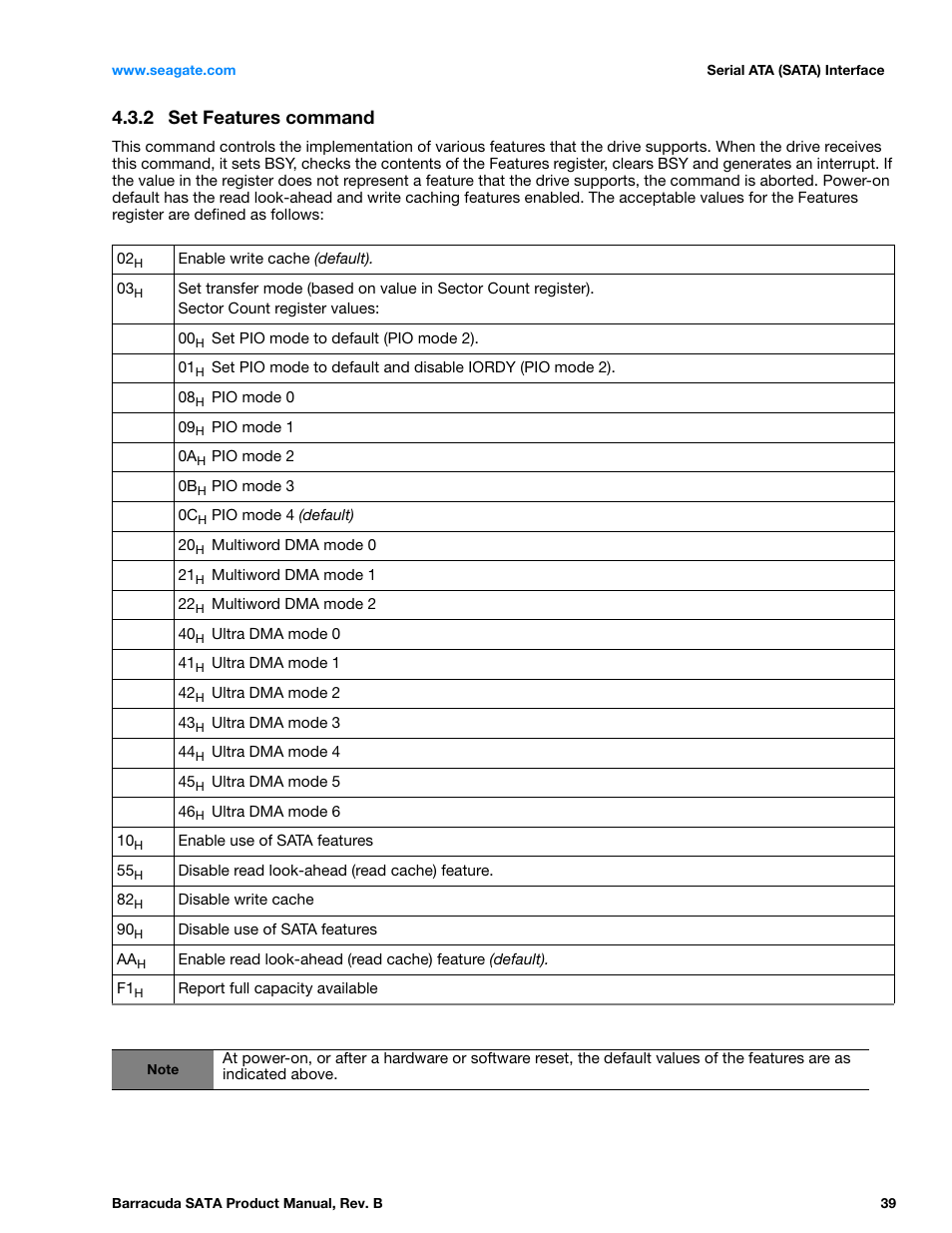 2 set features command, Set features command | Seagate BARRACUDA ST3320413AS User Manual | Page 39 / 48