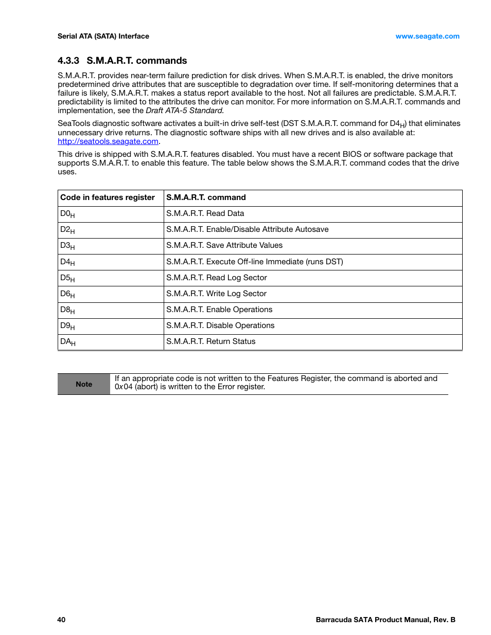 3 s.m.a.r.t. commands, S.m.a.r.t. commands | Seagate BARRACUDA ST3320413AS User Manual | Page 40 / 48