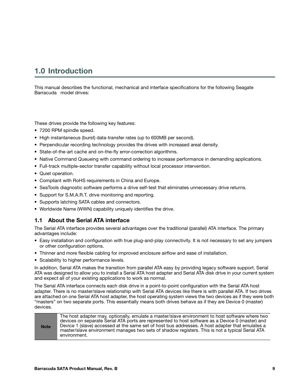 0 introduction, 1 about the serial ata interface, Introduction | About the serial ata interface | Seagate BARRACUDA ST3320413AS User Manual | Page 9 / 48