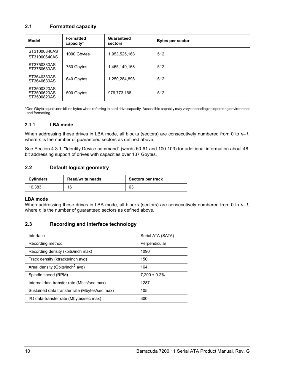 1 formatted capacity, 1 lba mode, 2 default logical geometry | 3 recording and interface technology | Seagate BARRACUDA 7200.11 SERIAL ATA ST3640330AS User Manual | Page 16 / 48