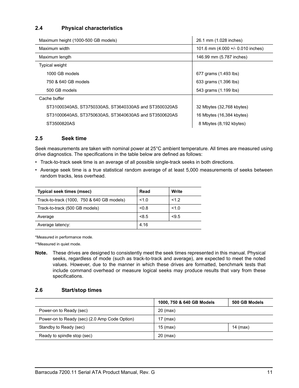 4 physical characteristics, 5 seek time, 6 start/stop times | Seagate BARRACUDA 7200.11 SERIAL ATA ST3640330AS User Manual | Page 17 / 48