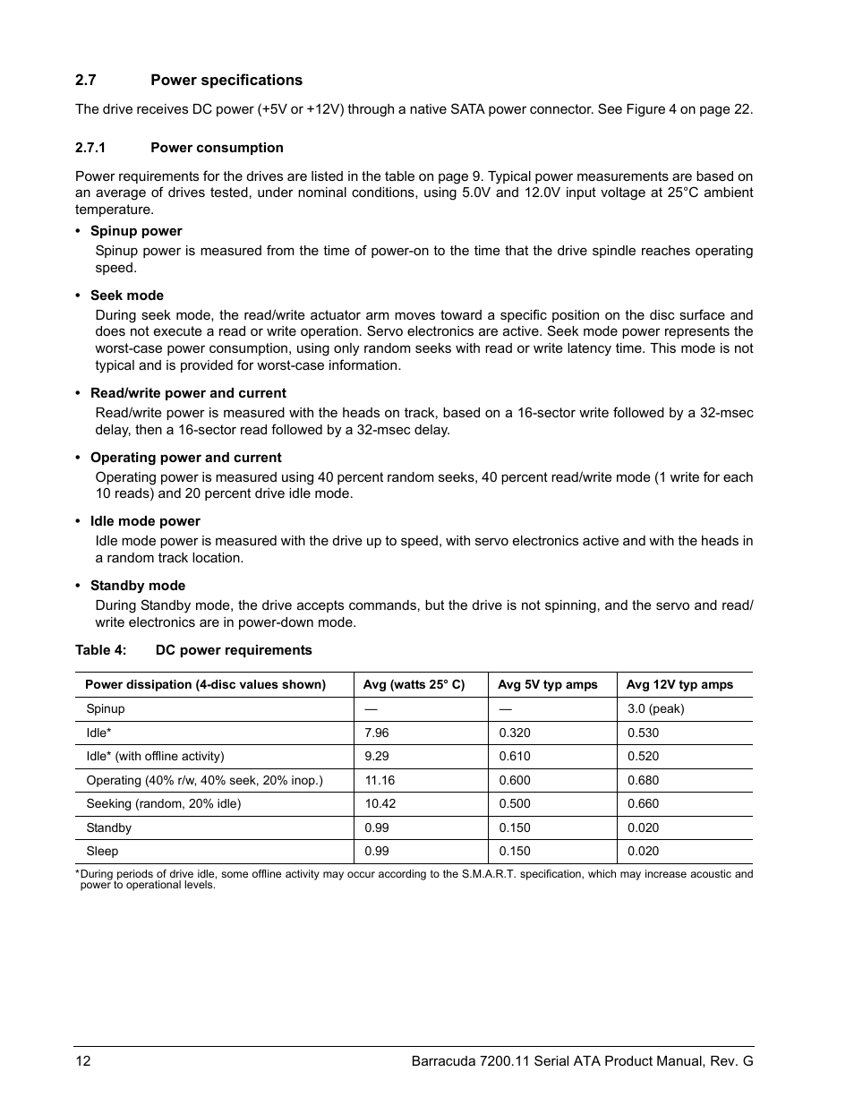 7 power specifications, 1 power consumption | Seagate BARRACUDA 7200.11 SERIAL ATA ST3640330AS User Manual | Page 18 / 48