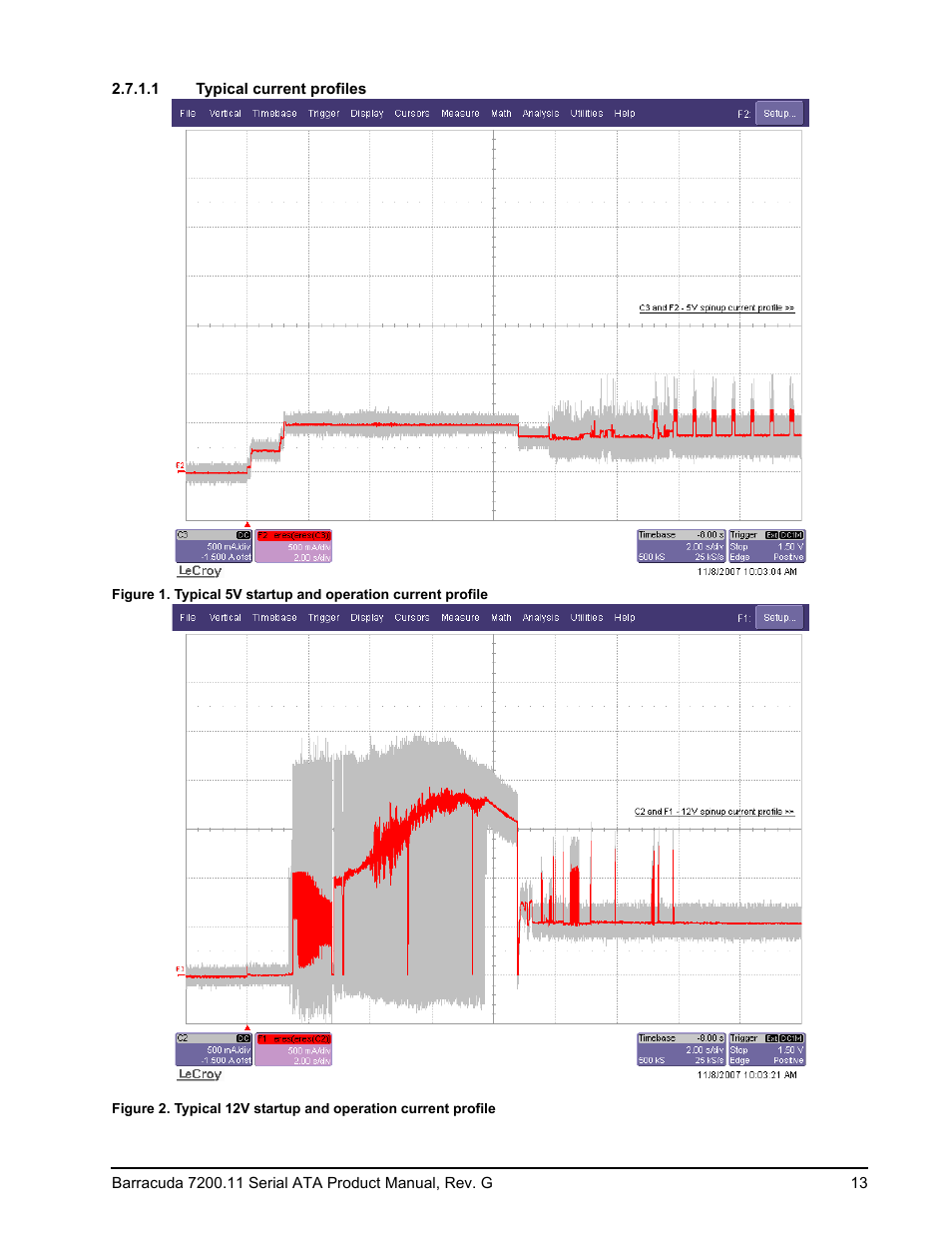 1 typical current profiles, Figure 1, Typical 5v startup and operation current profile | Figure 2, Typical 12v startup and operation current profile | Seagate BARRACUDA 7200.11 SERIAL ATA ST3640330AS User Manual | Page 19 / 48