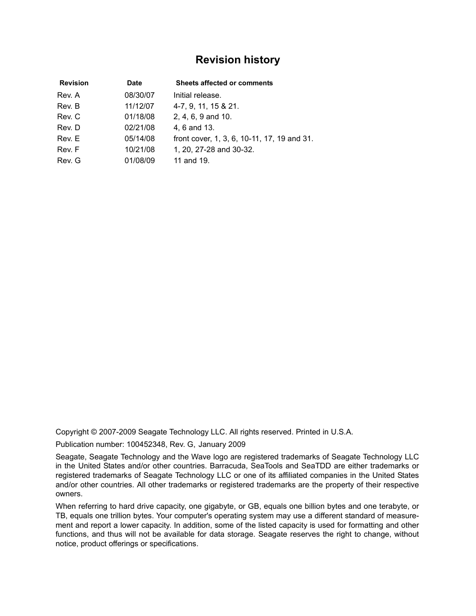 Revision history | Seagate BARRACUDA 7200.11 SERIAL ATA ST3640330AS User Manual | Page 2 / 48