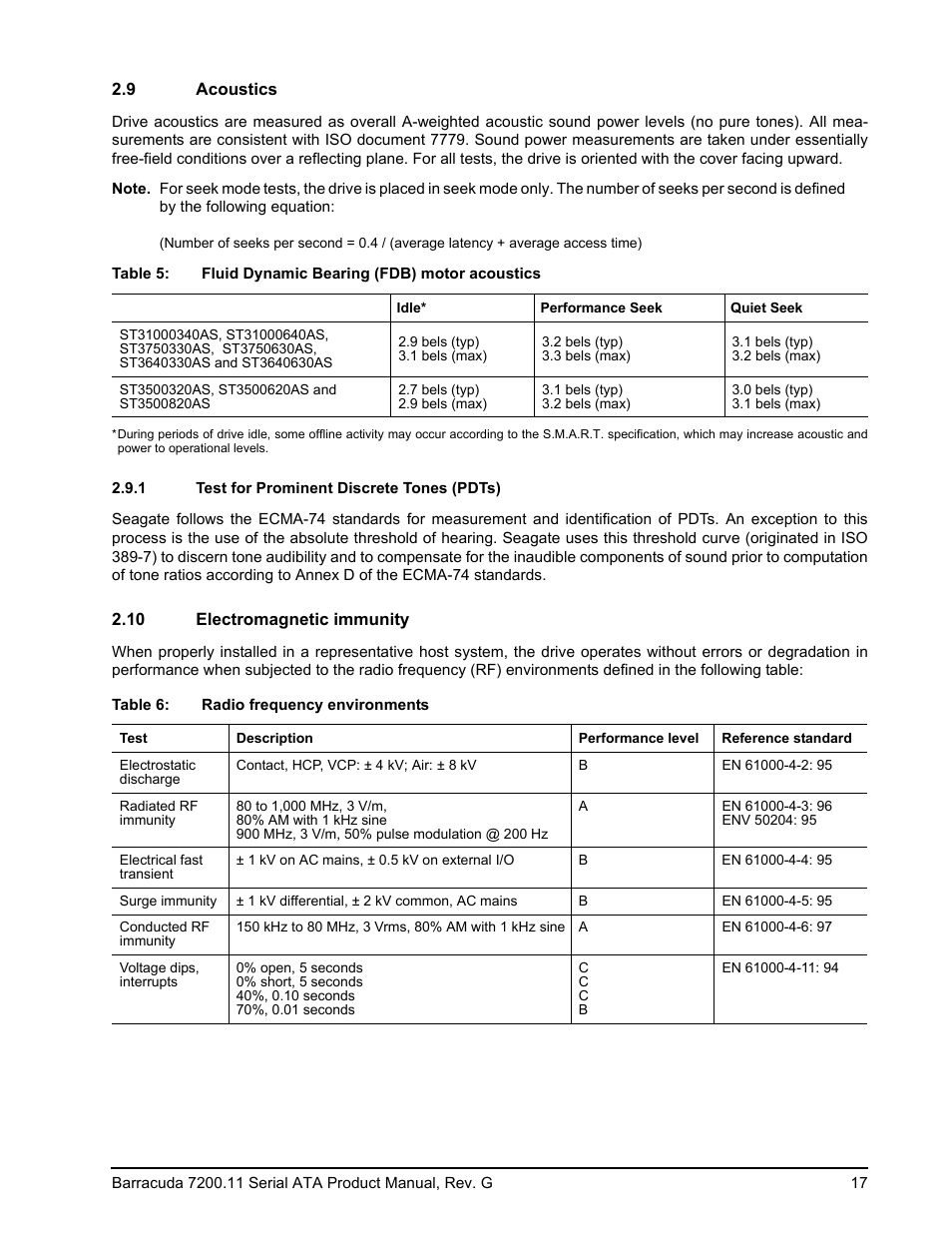 9 acoustics, 1 test for prominent discrete tones (pdts), 10 electromagnetic immunity | Seagate BARRACUDA 7200.11 SERIAL ATA ST3640330AS User Manual | Page 23 / 48